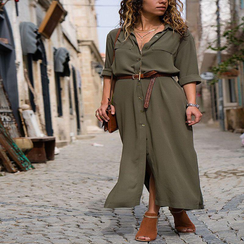 Elegancka Damska Moda Guziki Długi Rękaw Luźna Sukienka Koszulowa Oversize Maxi Sukienka Herbaciana