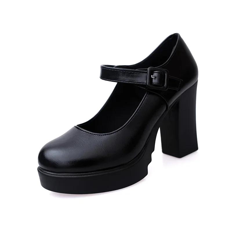 Mode 2024 Vente Chaude Chaussures pour Femmes Boucle Un Mot Escarpins pour Femmes Automne Bout Rond Uni Mary Jane Talons Hauts Chaussures Imperméables Dames