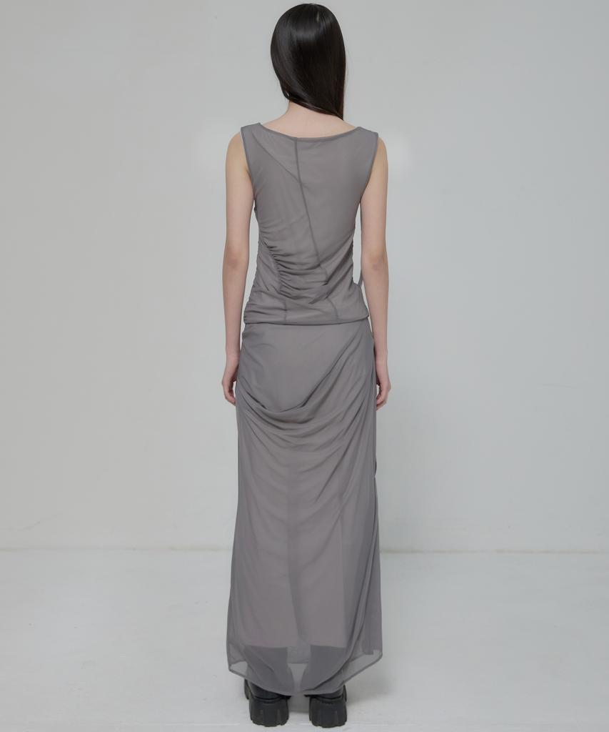 Peulleeoeob Draped Mesh Layered Long Skirt (Fl-264_Gray)