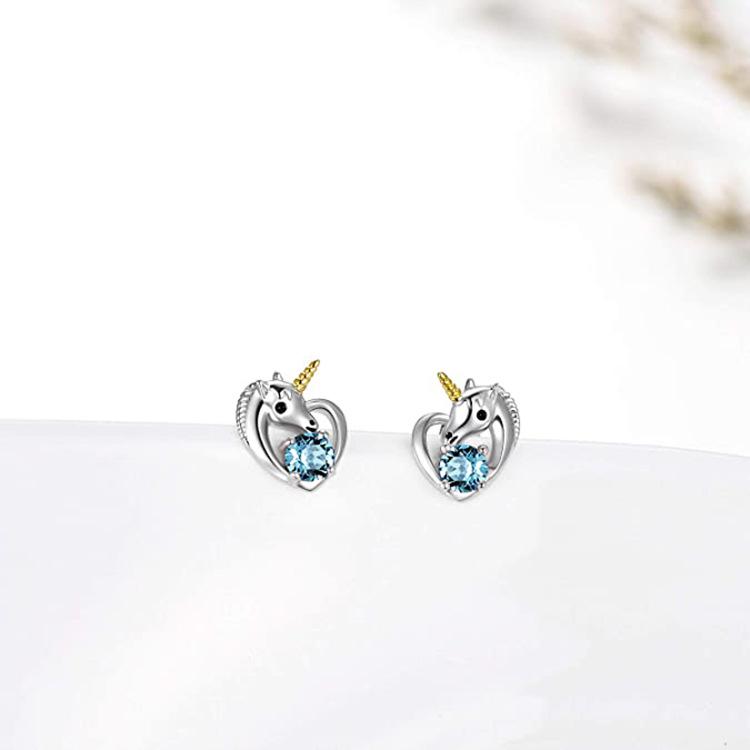 Silver Plated Two-Tone Unicorn Stud Earrings, Blue CZ Heart-Shaped Magical Earrings for Women