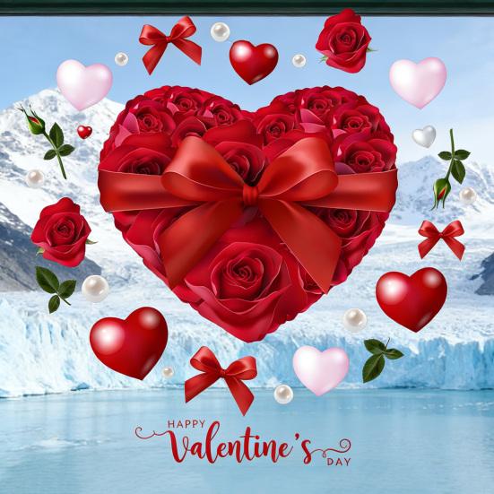 Yousheng Heart-Shaped Rose Flower Window Sticker Valentine's Day Removable PVC Window Glass Decal Reusable Static Clings for Home Wedding Anniversary