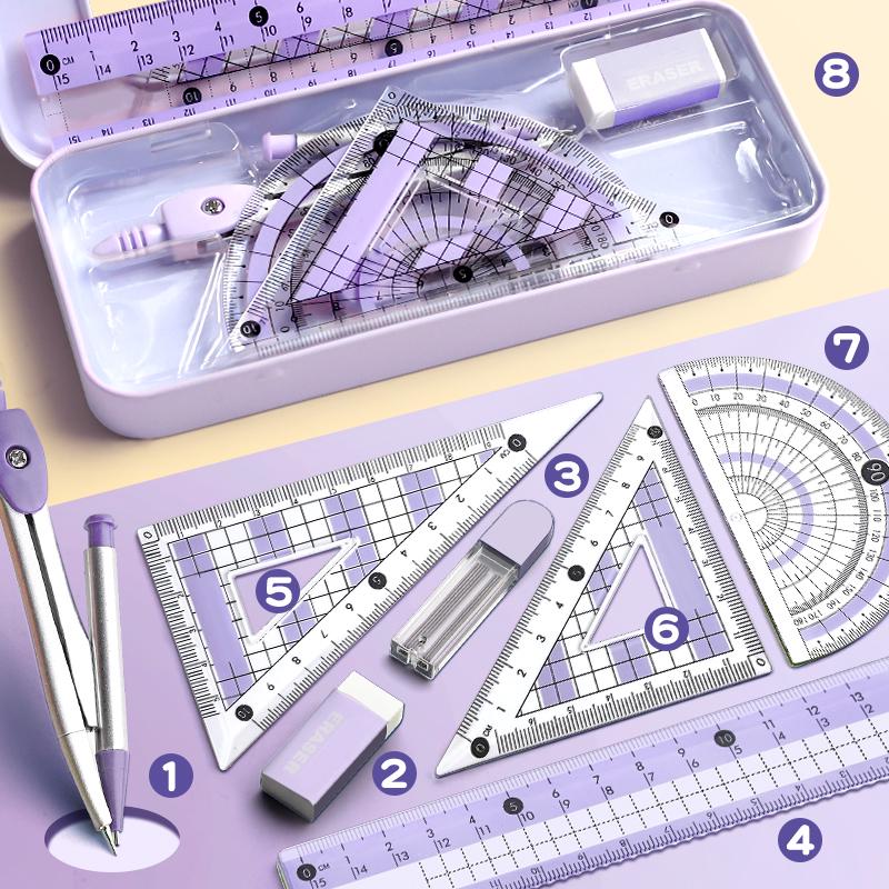 Student Geometry Ruler Set for Elementary To Junior High - Includes Compass, Triangle, and Sixth Grade Supplies