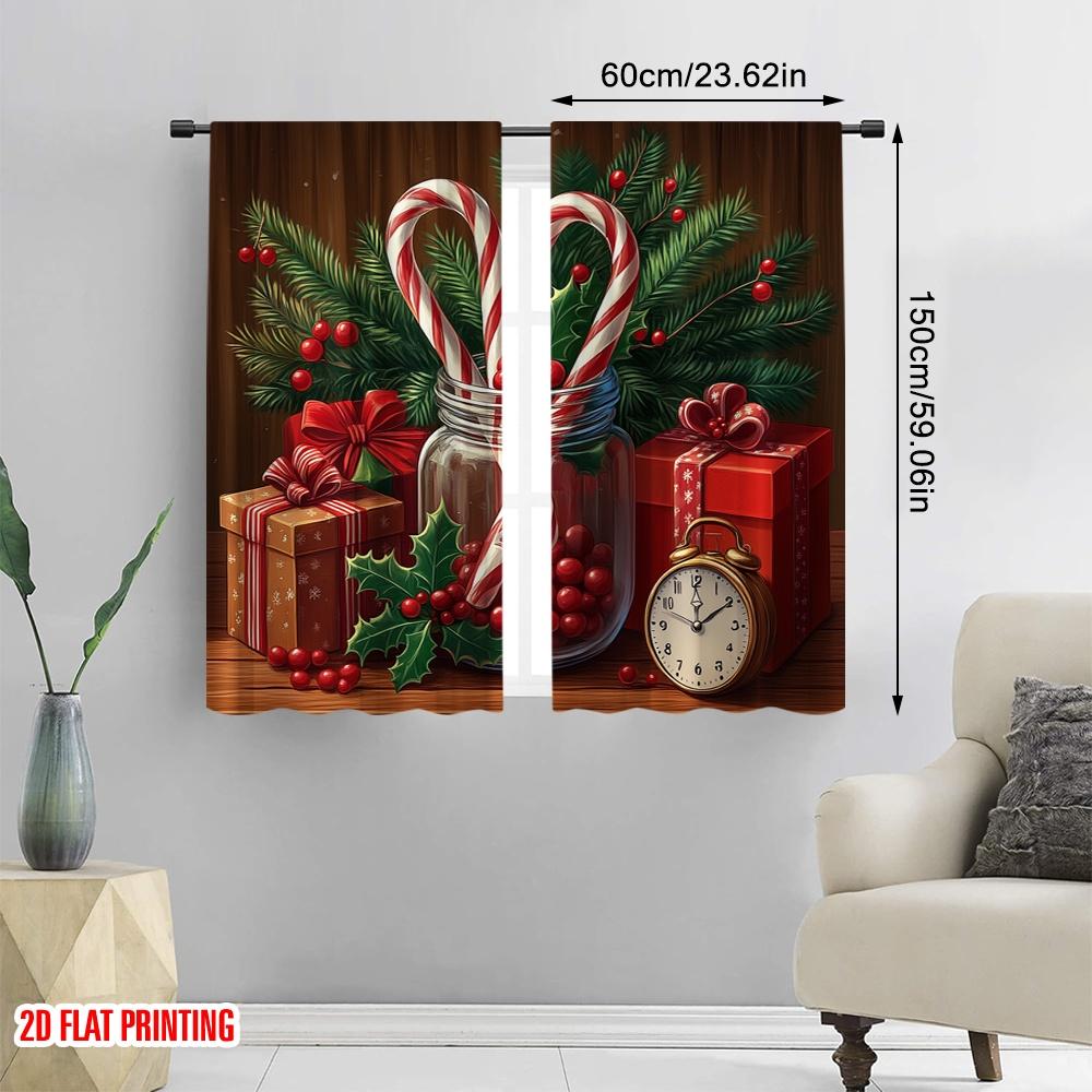 2pcs  2D Plane Printing Curtain Popular Christmas Candy Canes Holly Gift (4) Polyester Fabric (without Rod) Decorations Outdoor