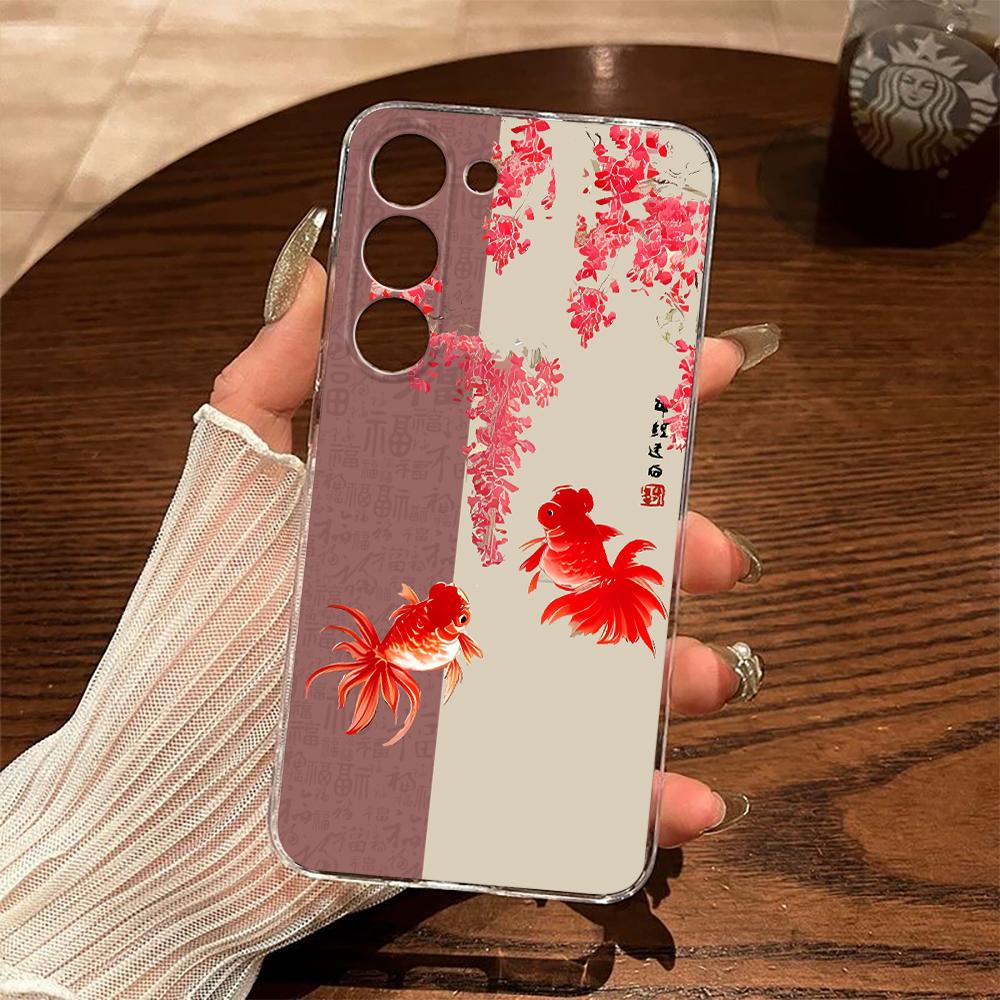 Phone Case For Samsung M33 5G A14 S23 S23 Plus S23 Ultra S23 Fe S24 Anti-Yellow Goldfish Koi Flowers Two-Color Silicone Cover