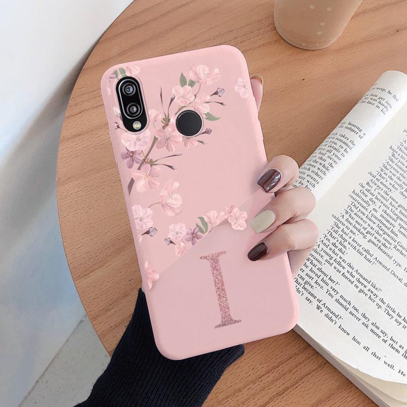Initial Letter Silicone Case For Huawei P20 2018 P20 Lite P20 Pro Shell Retro Pink Flower Soft TPU Cover For Huawei P20 Capa