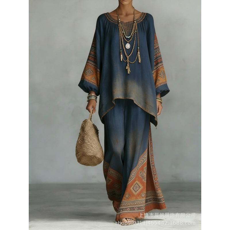 New Round Neck Bat Sleeve Printed Loose Set Bohemian Lazy Casual Two-piece Set