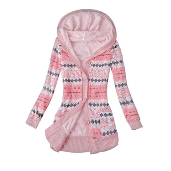 Striped Print Long Sleeve Sweater Coat Autumn Winter Buttons Closure Hooded Plush Lining Sweater Cardigan Outerwear