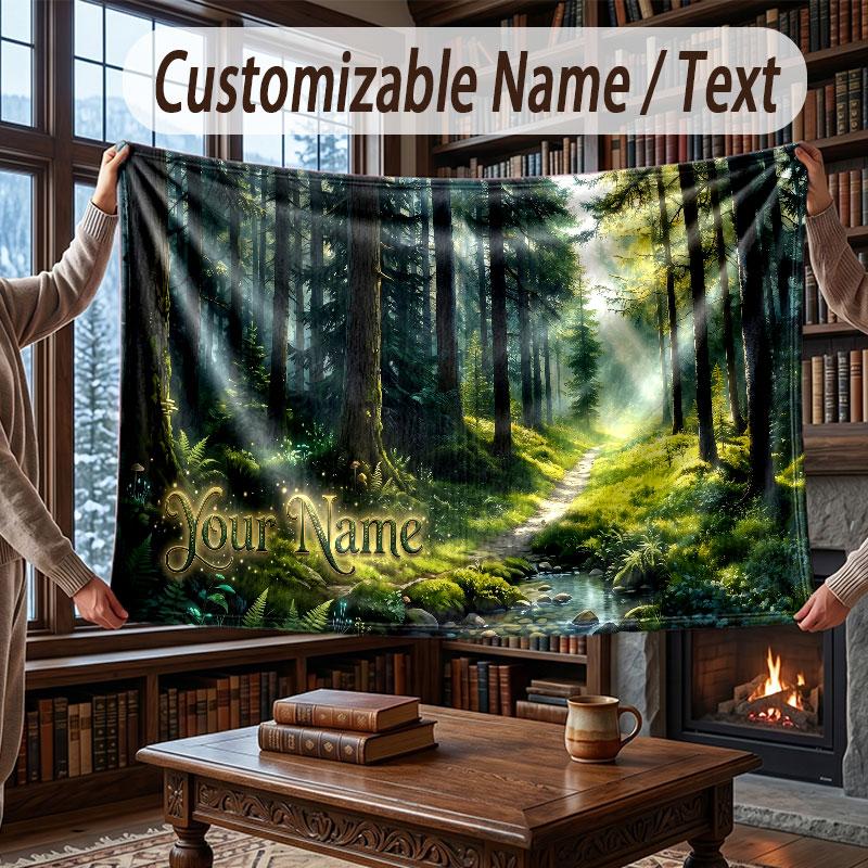 Mushroom Forest Theme Throw Blanket Custom Name Text Personalized Blanket Soft Cozy Blanket for Home Sofa Bed