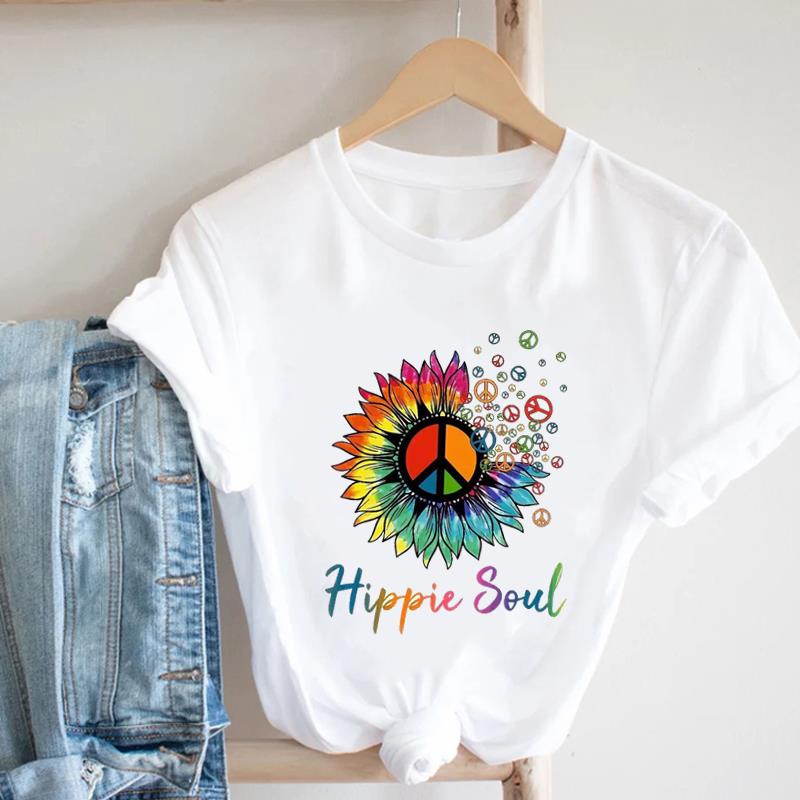 (Asian Size) Women Print Tee Love Heart Plant Flower Trend Top Clothing Fashion Tshirt Lady Female Casual Short Sleeve Graphic T-shirt
