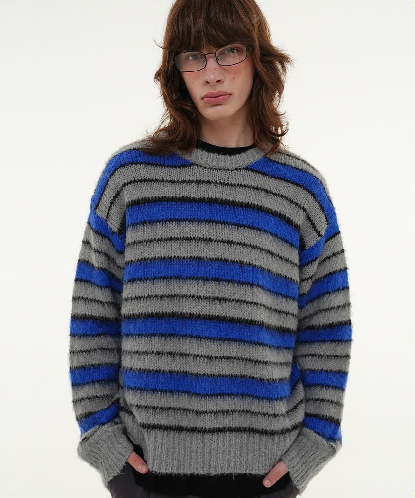 CENTAUR.KR Cr Emblem Hairy Stripe Pullover Knit_Blue