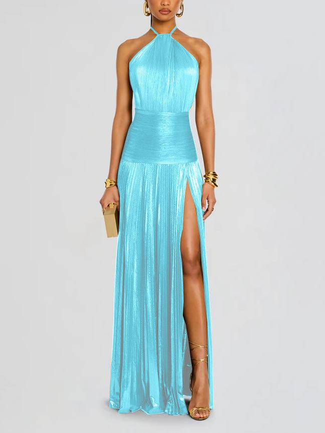 European and American Women's Metallic Pleated Slit Halter Dress Sleeveless Backless Lace-Up 8155