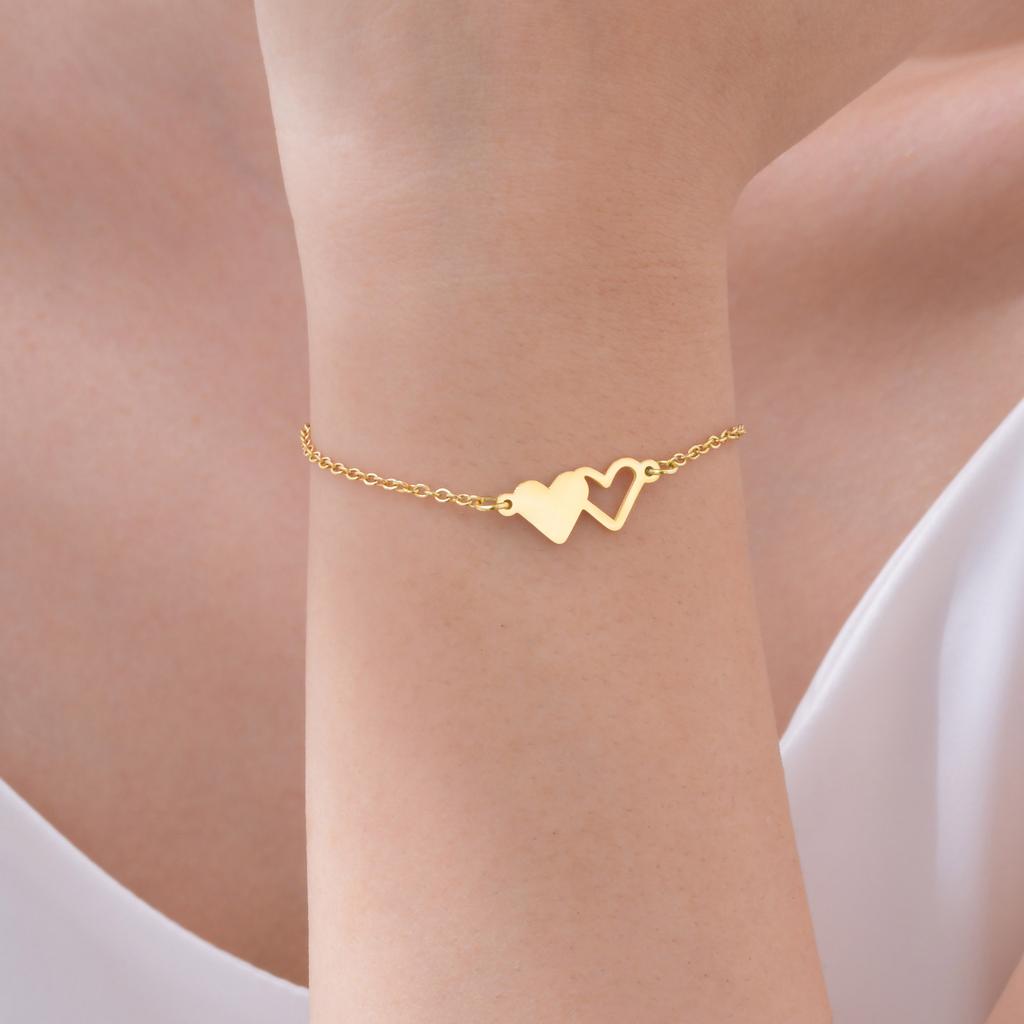 Schmuck Edelstahl Doppelherz Armband Vergoldet 18K Gold Damen Vielseitiger Schmuck Br-918