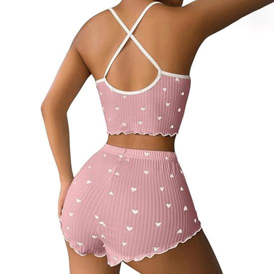 2 pezzi/set da donna, gilet, pantaloncini, abito, fiocco, cuore, stampa, senza maniche, arricciato, vita alta, pantaloni corti, abbigliamento da casa, abbigliamento da salotto, abbigliamento da notte estivo