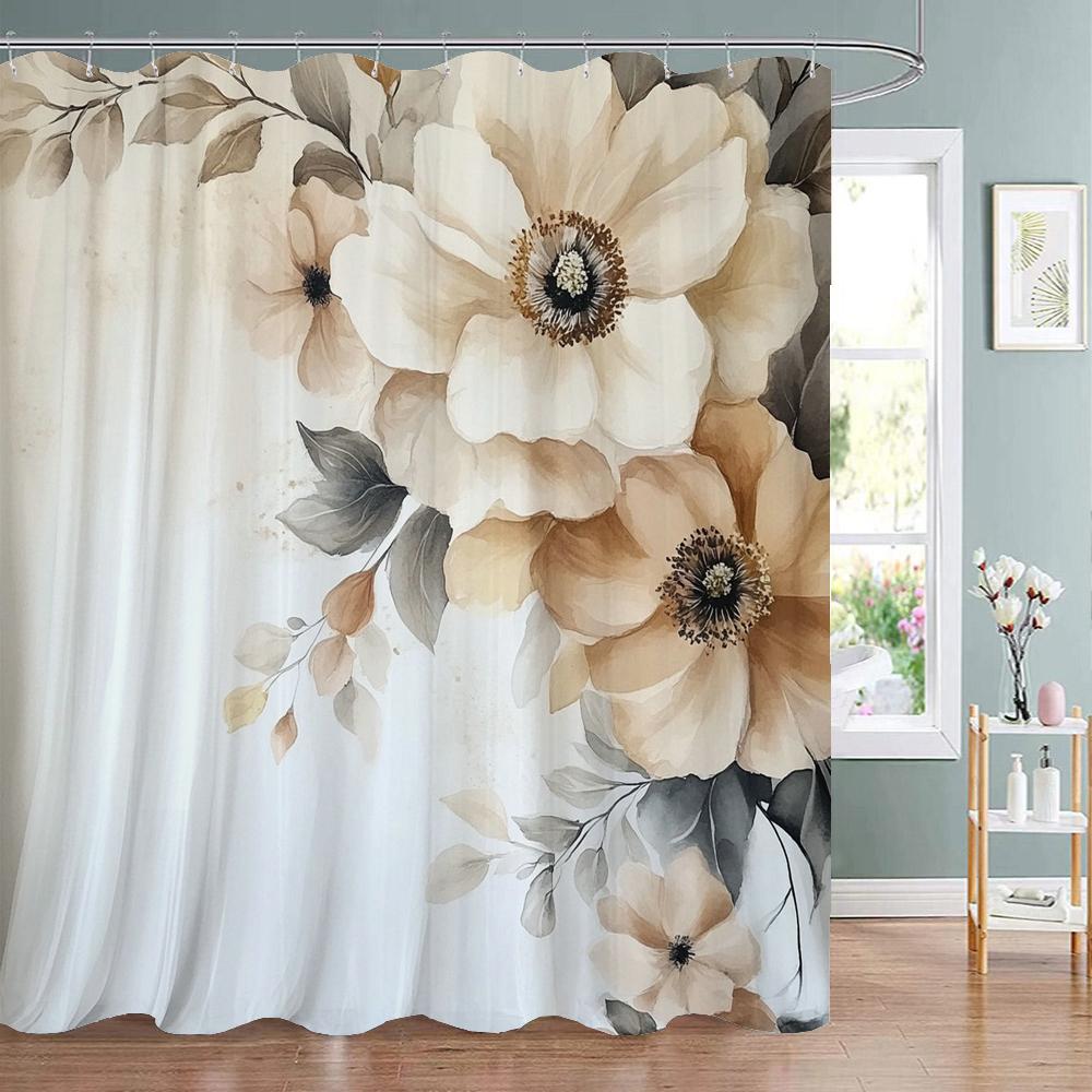 Watercolor Purple Flowers And Butterflies Printed Shower Curtain, Bathroom Curtain, Home Decoration Curtain With Hooks