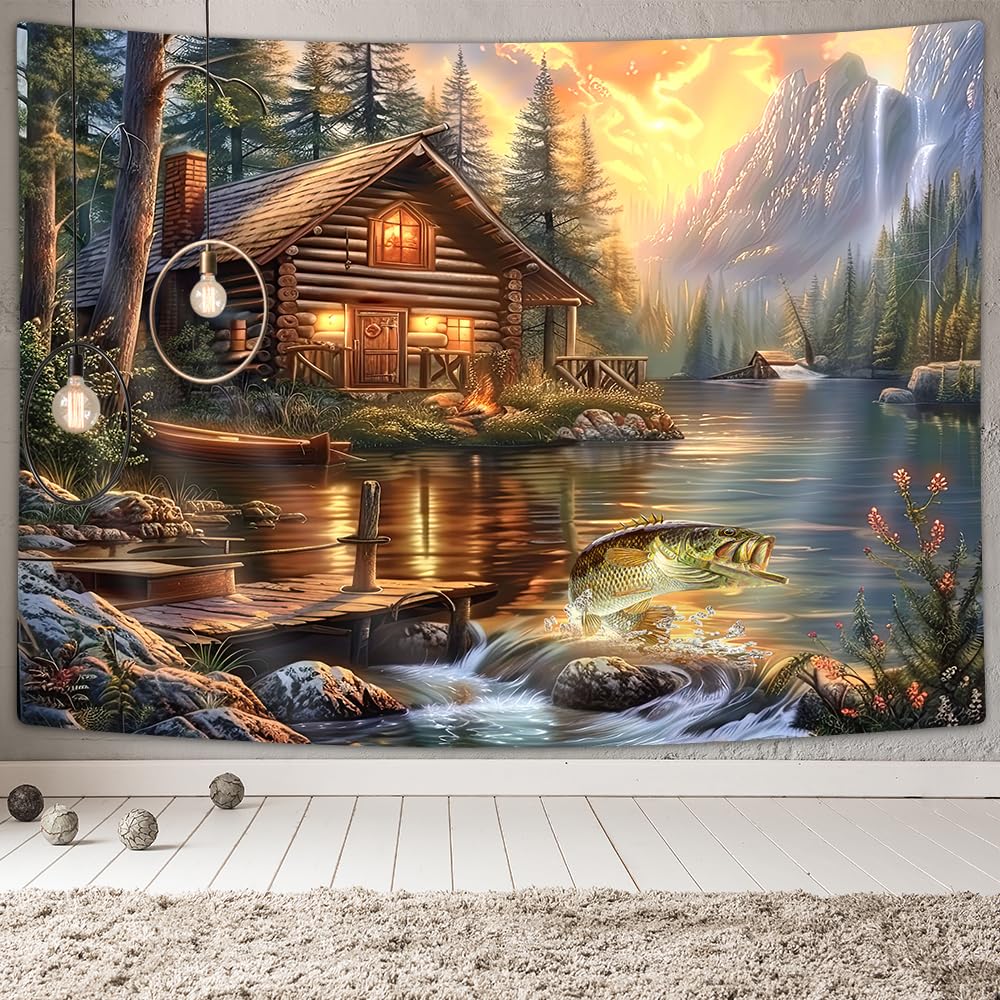 Largemouth Bass Tapestry, Oil Painting-style Jumping Fish with Cabin and Forest Lake at Sunset Print Wall Hanging for Home Decor