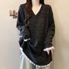 Plus Size Korean Patchwork V-Neck Long Sleeve Sweater - Women's Autumn/Winter Loose Fit Fashion Top