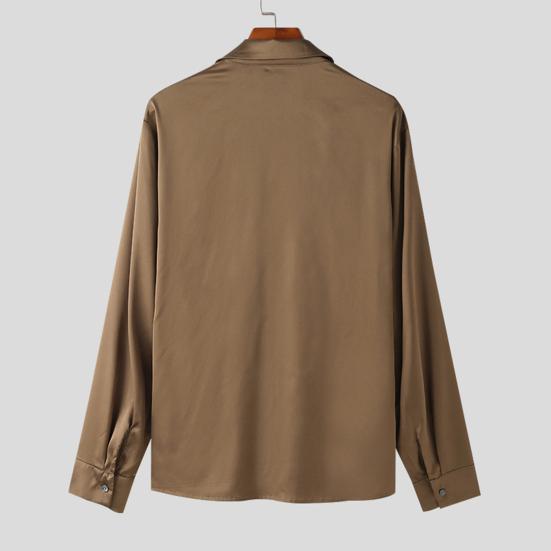 Yousheng Men Party Shirt Baggy Front Design Satin Thin French Style Solid Color Lapel Loose Long Sleeve Club Shirt Single-breasted Daily Top
