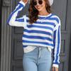 2023 Autumn Women's Casual Striped Crew Neck Long Sleeve Sweater Large Size Pullover Sweater