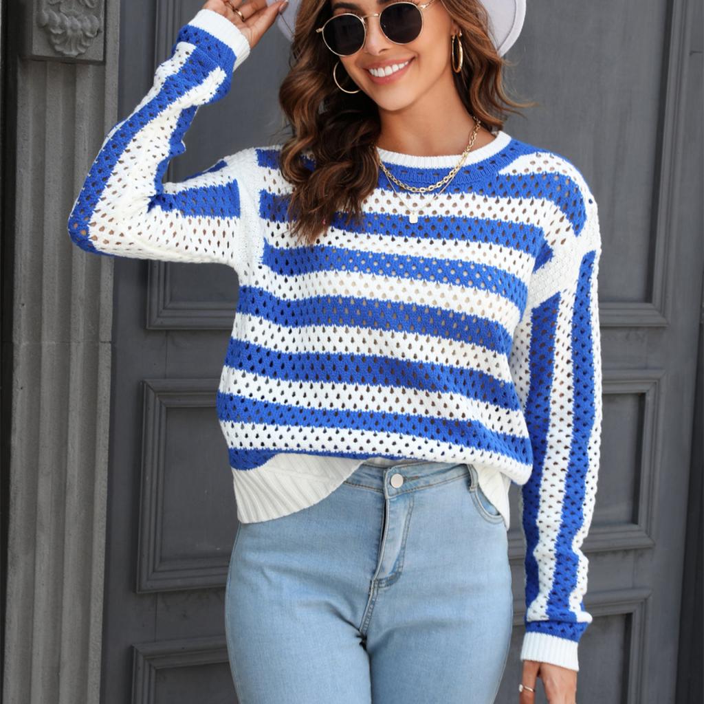 2023 Autumn Women's Casual Striped Crew Neck Long Sleeve Sweater Large Size Pullover Sweater
