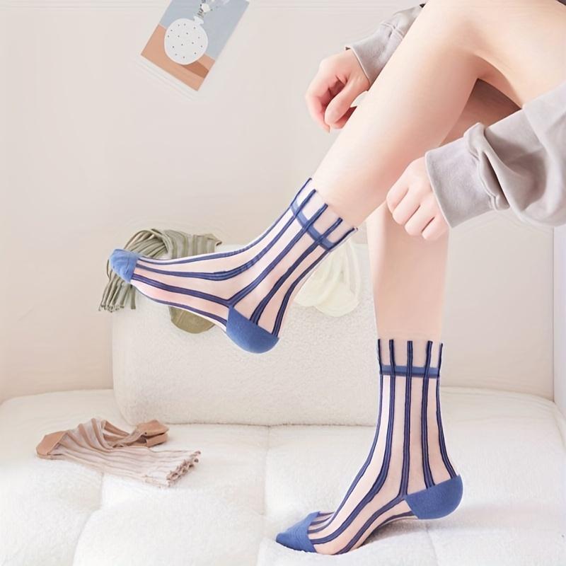 1 Paar gestreifte Glassocken, Preppy-Stil, ultradünne, atmungsaktive Kniestrümpfe, Damen-Langsocken und Strumpfwaren, Frühling Sommer