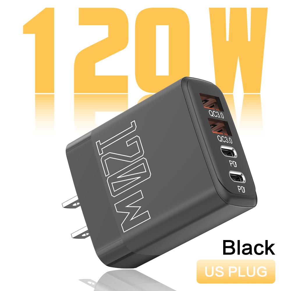 Total 120W 4 Ports USB Type C Charger Fast Charging Mobile Phone Adapter For iPhone Samsung Xiaomi Quick Charge 3.0 Wall Charger