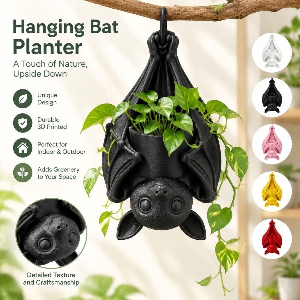 Gothic Style Upside Down Bat Hanging Planter 3D Printed Hanging Bat Plant Pot Halloween Party