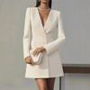 Women's Double-Breasted Blazer Dress, V-Neck French Style Office Dress with Long Sleeves, Elegant Business Casual Midi Dress for Workwear