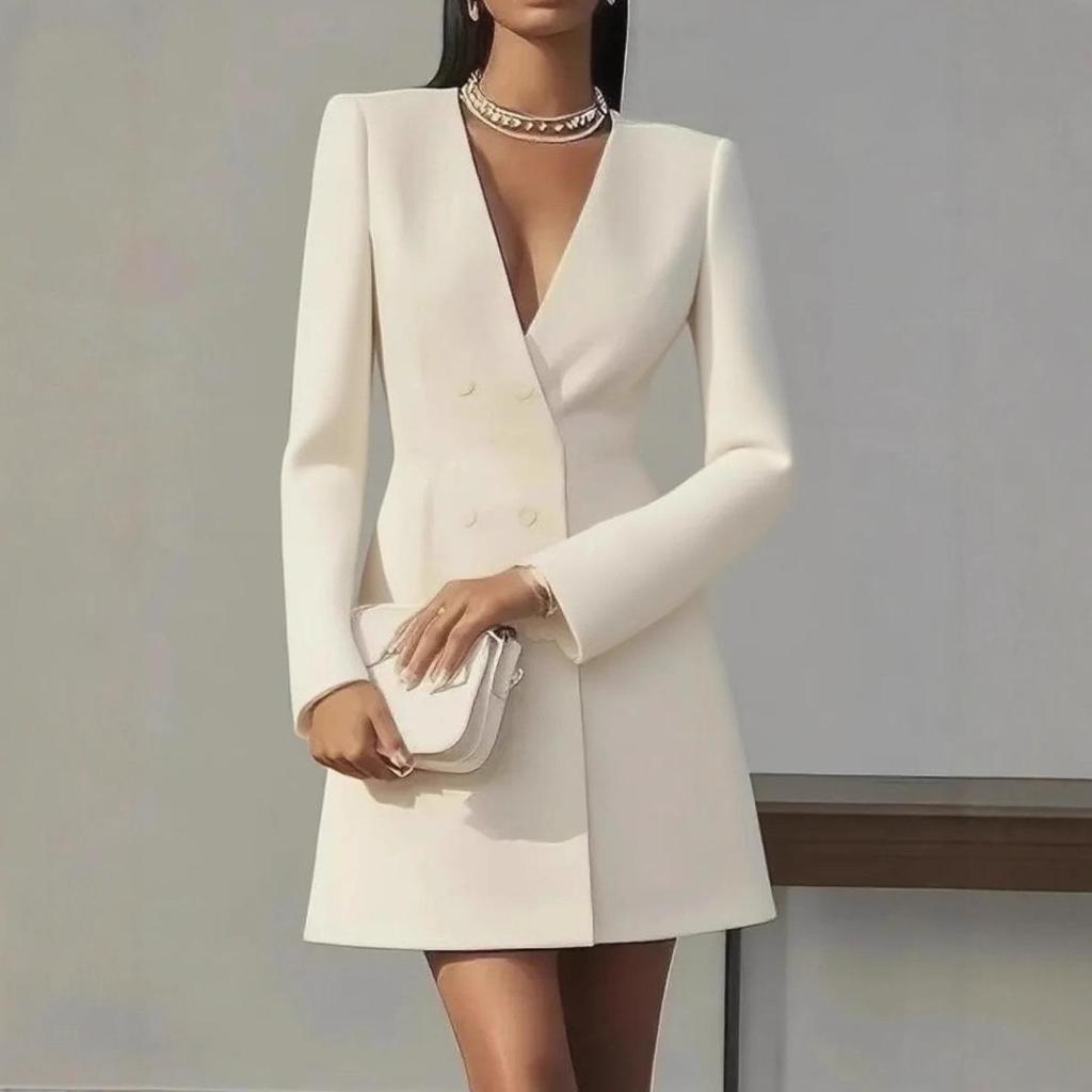 Women's Double-Breasted Blazer Dress, V-Neck French Style Office Dress with Long Sleeves, Elegant Business Casual Midi Dress for Workwear