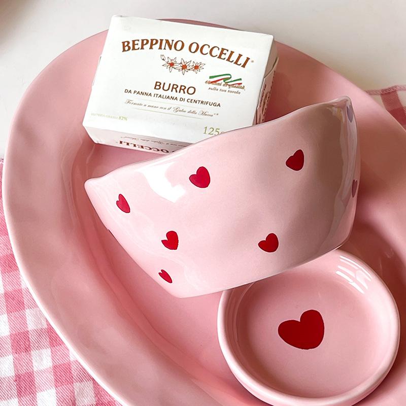 Bol de salată roz inimă model farfurie ceramică ceașcă de cafea copii desert bol uz casnic drăguț cină farfurii restaurant tacâmuri