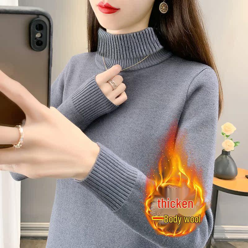 2025 Women's Plus Velvet Knit Sweater: Warm Half-High Collar Base Layer for Autumn/Winter