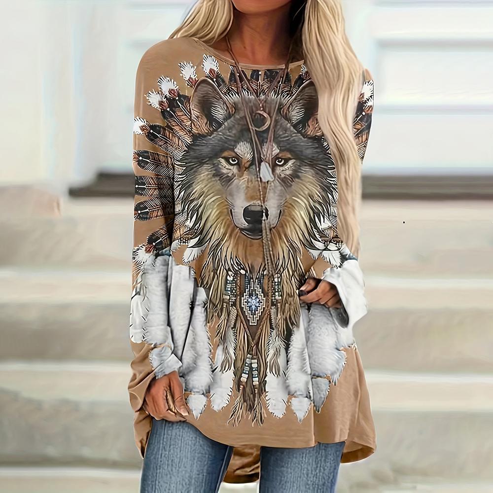 Animal Wolf Print Long Sleeves Vintage Women's T-shirts Tops Fall/Winter Cotton Women Clothing Casual Loose Pullover