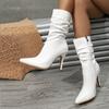 Mode Mode Witte Geplooide Leer Design Laarzen voor Dames 2024 Sexy Puntige Neus Rits Dunne Hoge Hakken Enkellaarsjes Schoenen Pumps Botas Mujer