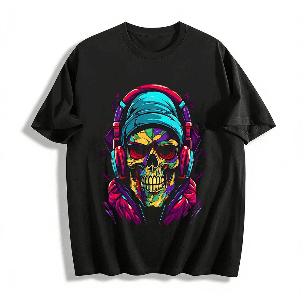 Vibrant Headphone Skull Print Edgy Streetwear Casual T-Shirt Pure cotton T-shirt