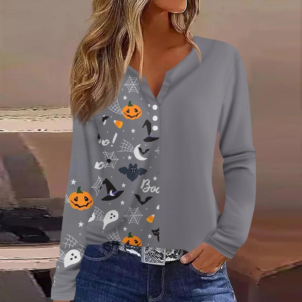 Dámské tričko s potiskem na Halloween, knoflíky, dlouhý rukáv, denní, víkendová móda, základní, výstřih do V, běžný top