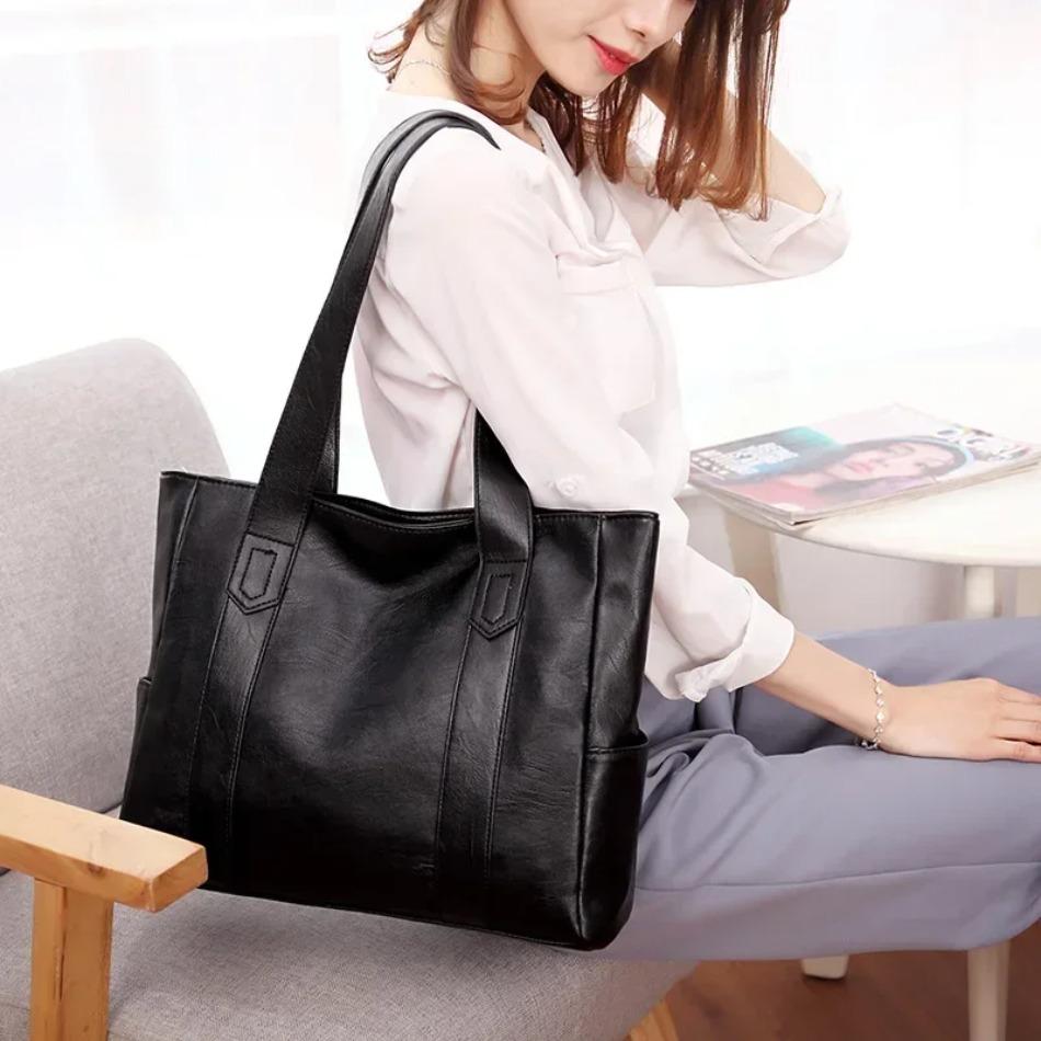 Women Solid Color Soft PU Leather Tote Bag, Large Capacity Shoulder Handbag for Daily Commute