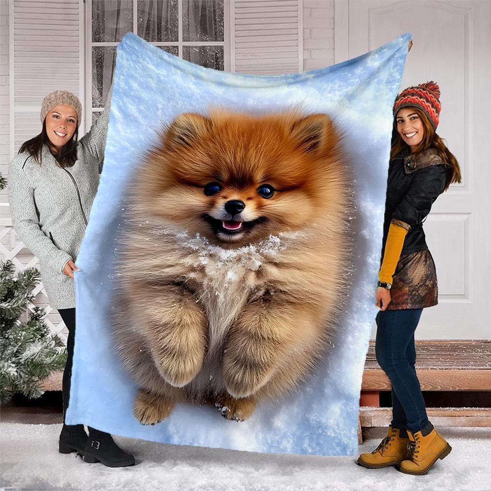 1pc Pomeranian Outdoor Flannel Blanket , Machine Washable Perfect Gift for Birthday , Holiday Travel Accessory , Durable Material