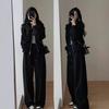Women Korean Casual Two Piece Outfit Solid Color Hooded Sweatshirt And Wide Leg Pants Set Autumn Winter Tracksuit