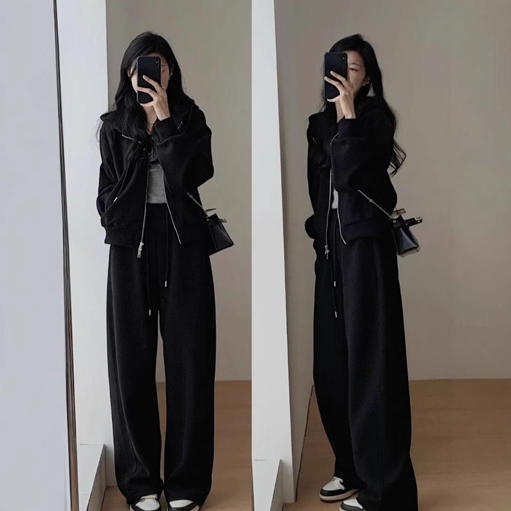 Women Korean Casual Two Piece Outfit Solid Color Hooded Sweatshirt And Wide Leg Pants Set Autumn Winter Tracksuit
