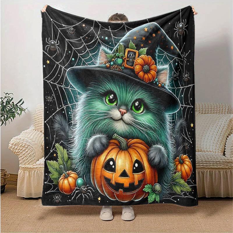 1pc Spider Wizard Cat Pumpkin Design Blanket Seasonal Home Decor Gift, Soft Suitable for All Seasons, Living Room, Travel, Camping