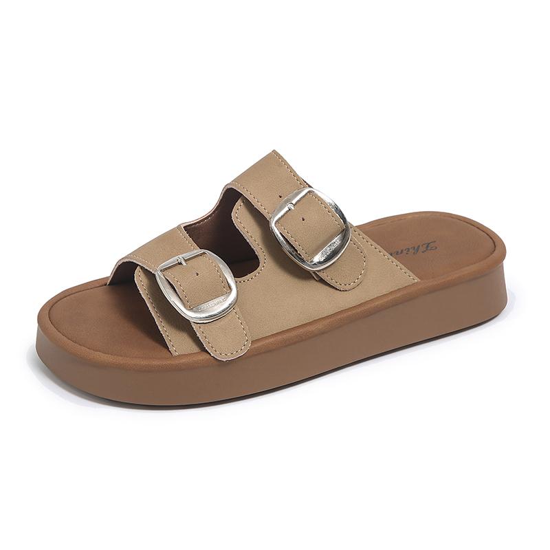 Fashion Flat Platform Slippers Sandals Summer New Round Toe Metal Buckle Outside Wear Heightened Casual Non-slip One-word Beach