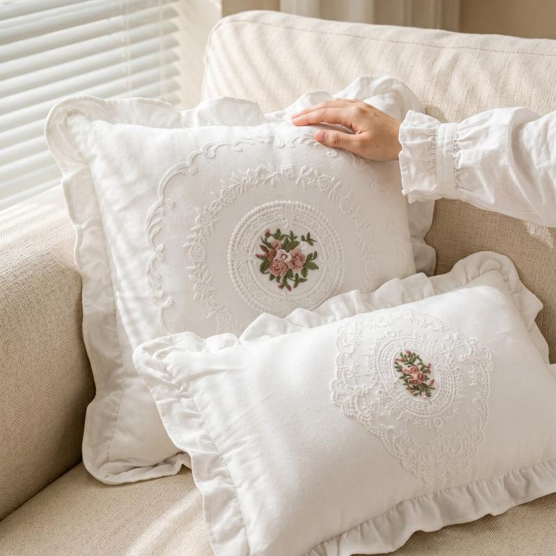 French-style Vintage Lace Embroidered Washed Cotton Lumbar Pillow White Ruffled Decorative Throw Cushion Plants Flowers Pattern