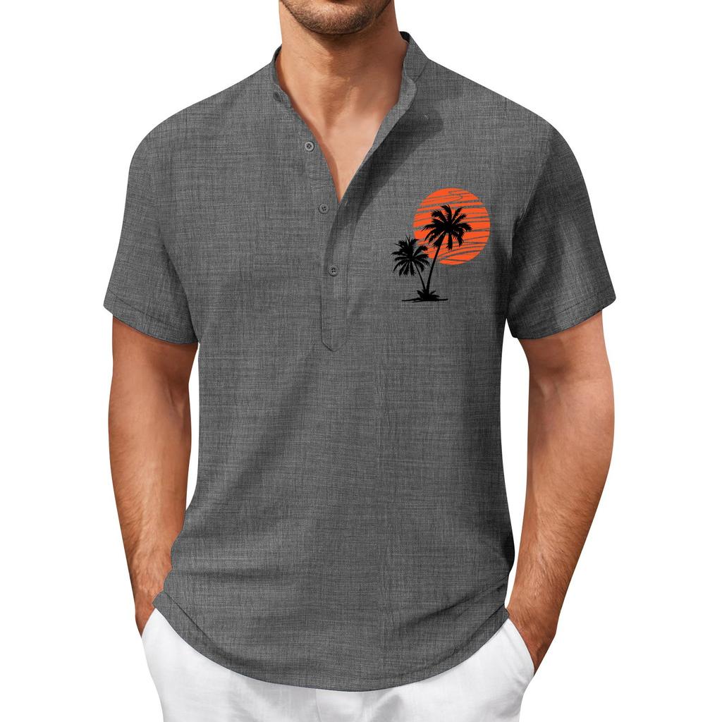 Vintage Summer Men's T-Shirt Streetwear 3 Buttons Open Fly Loose Clothing Print Short Sleeve T-Shirt