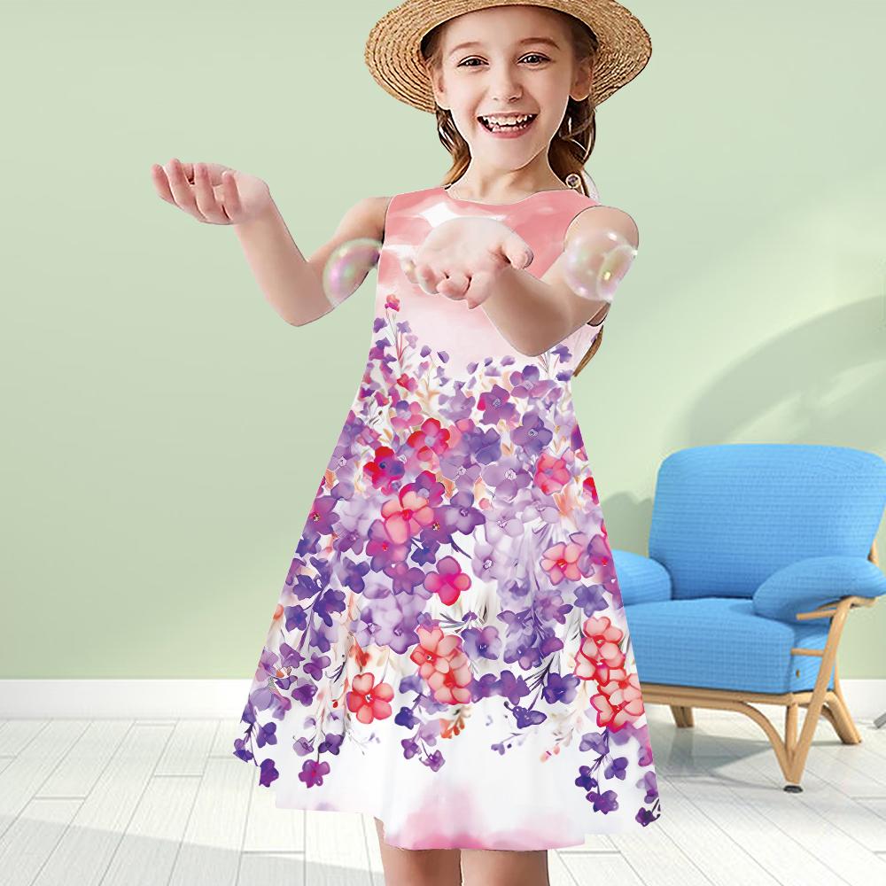 Girls 3D Print Dresses Kids Girl Party Sleeveless Princess Dress Tank 3D Print Flower Strips Dress