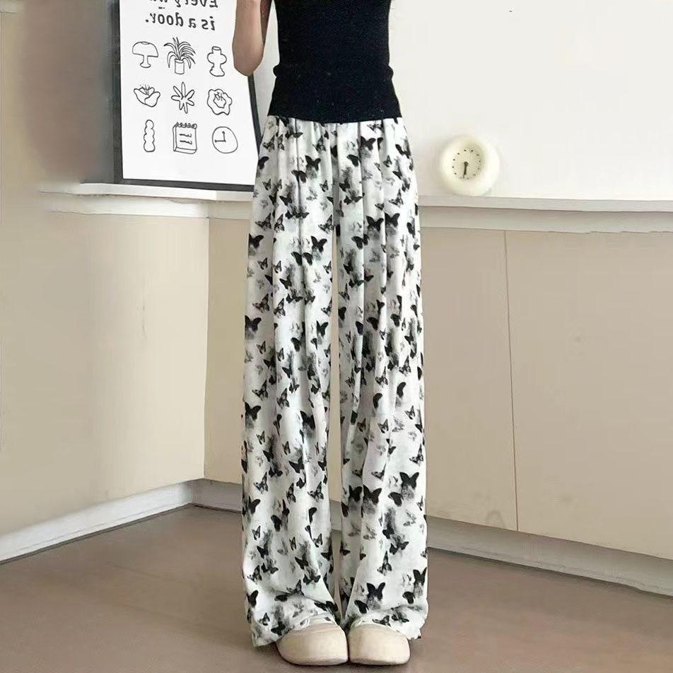 Ink Wash Chinese Style Wide-Leg Pants for Women - Summer Thin High-Waisted Butterfly Casual Straight-Leg Tie-Dye Ice Silk Sun-Protective Trousers