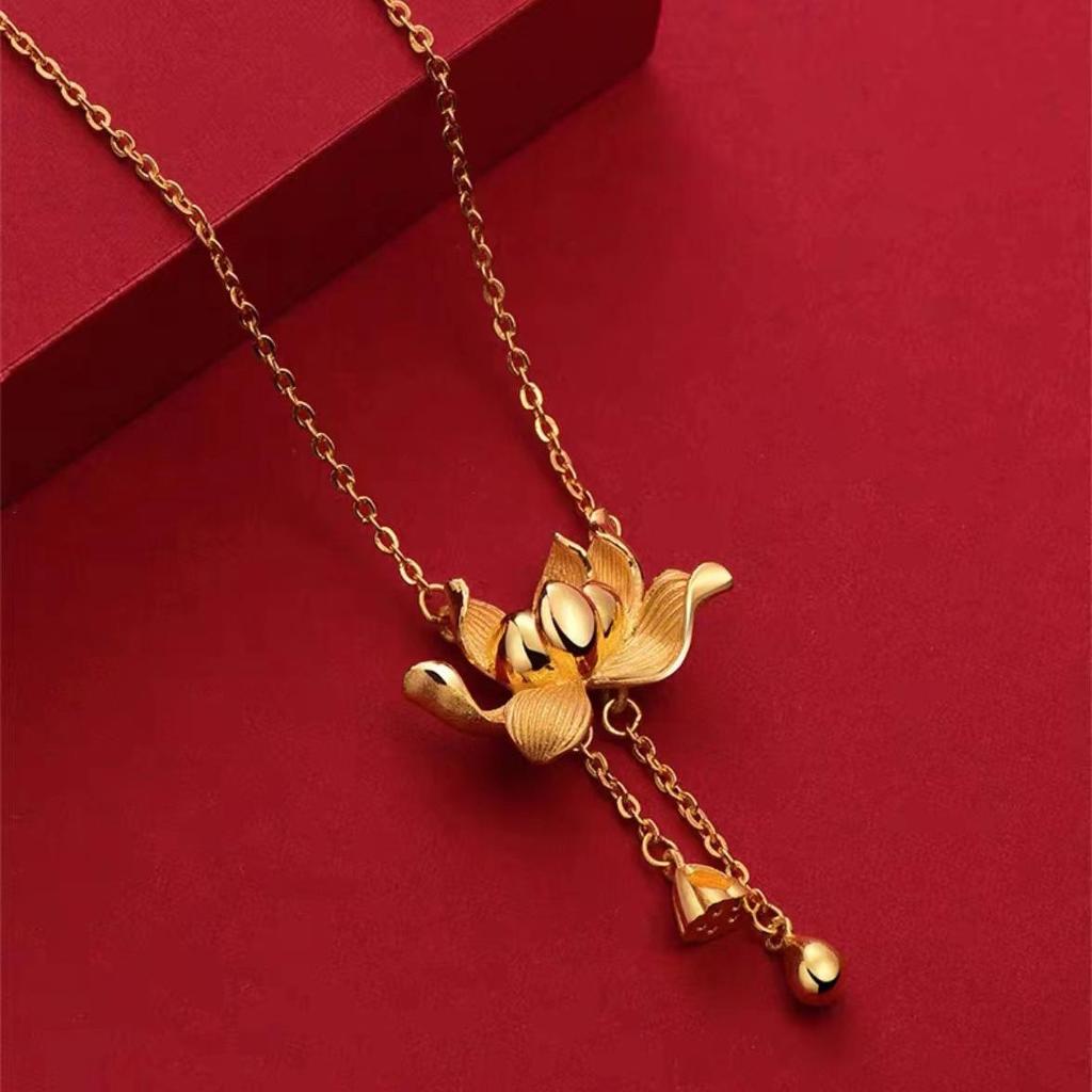 Colier Elegant din Cupru Placat cu Aur, cu Floare de Lotus și Pandantiv Dublu cu Semințe de Lotus, pentru Femei