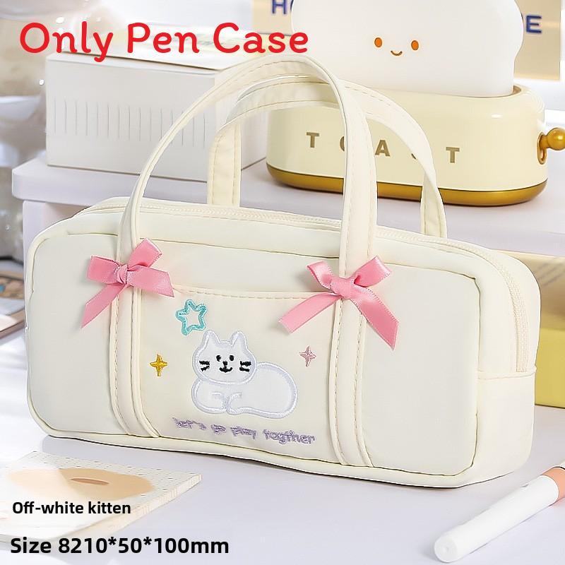 Cute Bowknot Cat Pencil Case With Embroidery For Girls And Students