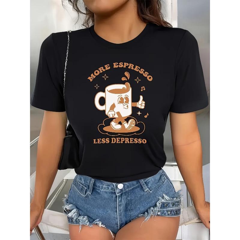 Women'S Casual Graphic T-Shirt - "More Espresso Less Depresso" Black with Coffee CupEveryday Tshirt | Playful Graphic Tee | Sleek Black Shirt