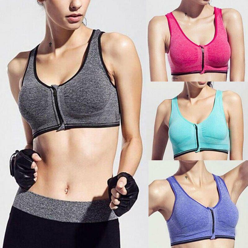 Front Zip Womens Wireless Padded Sports Bra Yoga Cami Push Up Support Top Vests