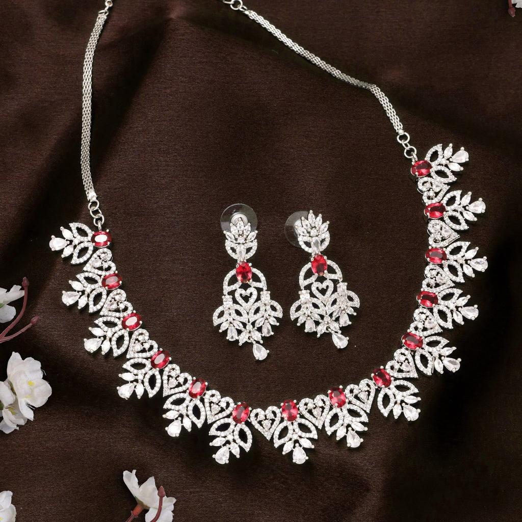 Estele Women's Necklace In Rhodium Plated Decorated with CZ and Ruby Stones