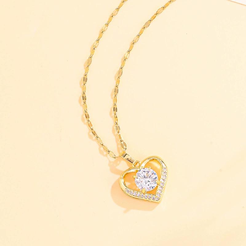 Htpwe Artificial Gems Heart Pendant Necklace for Women Golden Stainless Steel Lips Neck Chain Female Necklaces Zircon for Girl